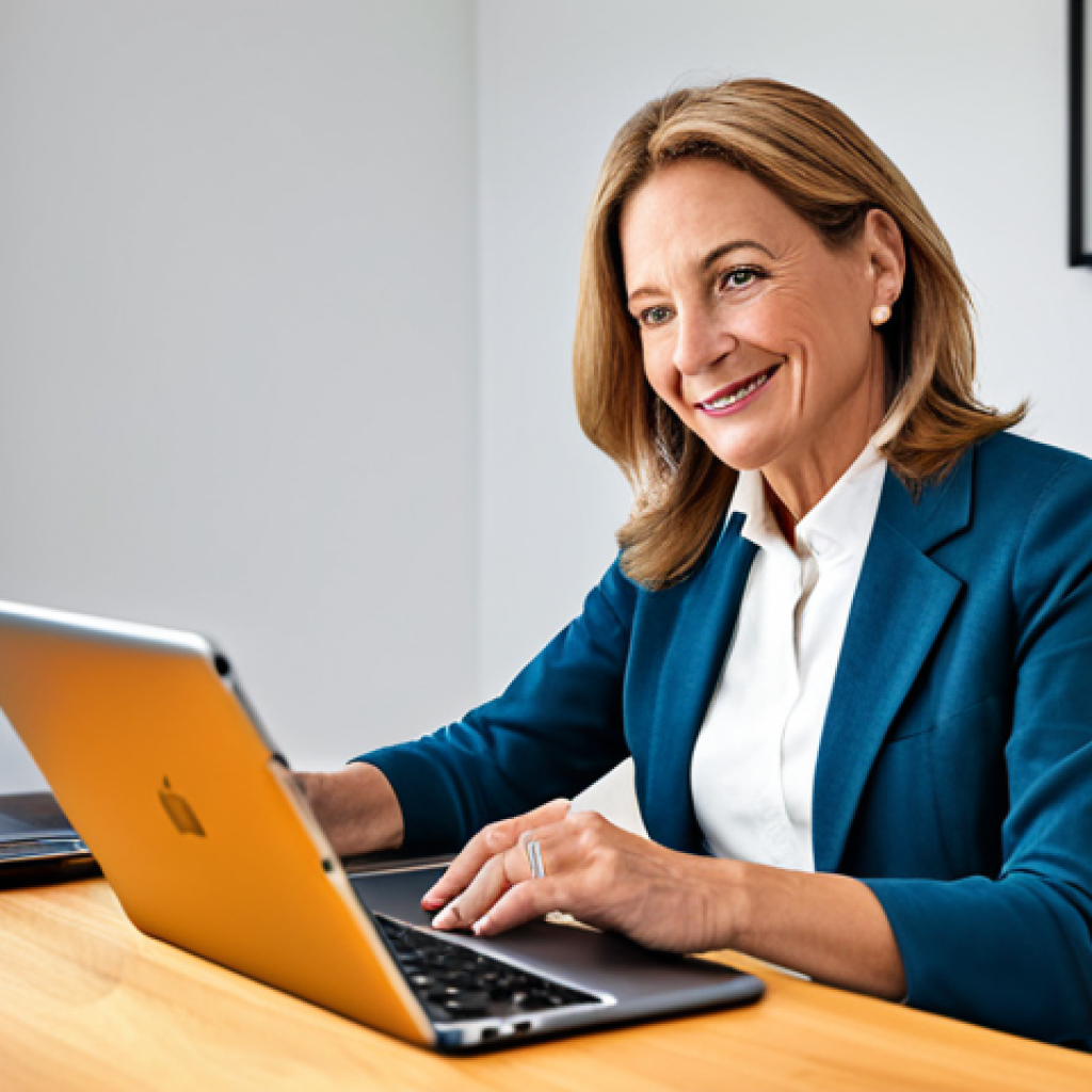 A professional woman in her 50s, fully clothed in a modest business casual outfit, sits comfortably at a contemporary desk in a brightly lit home office. She is confidently engaging with a sleek tablet, which displays a well-designed, high-contrast digital banking interface. Her expression is calm and empowered, signifying seamless access to online services. The background shows a modern, organized study space, softly blurred to highlight her interaction. The image showcases perfect anatomy, correct proportions, natural pose, well-formed hands, proper finger count, and natural body proportions. This is a professional photography, high quality, safe for work, appropriate content, fully clothed, and family-friendly.