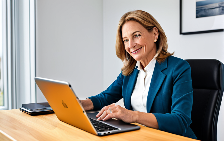 A professional woman in her 50s, fully clothed in a modest business casual outfit, sits comfortably at a contemporary desk in a brightly lit home office. She is confidently engaging with a sleek tablet, which displays a well-designed, high-contrast digital banking interface. Her expression is calm and empowered, signifying seamless access to online services. The background shows a modern, organized study space, softly blurred to highlight her interaction. The image showcases perfect anatomy, correct proportions, natural pose, well-formed hands, proper finger count, and natural body proportions. This is a professional photography, high quality, safe for work, appropriate content, fully clothed, and family-friendly.